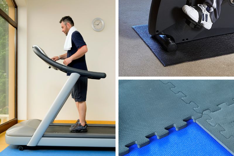 Different kinds of noise reduction mats for treadmills: roll-up mats, interlocking mats, and small pads.